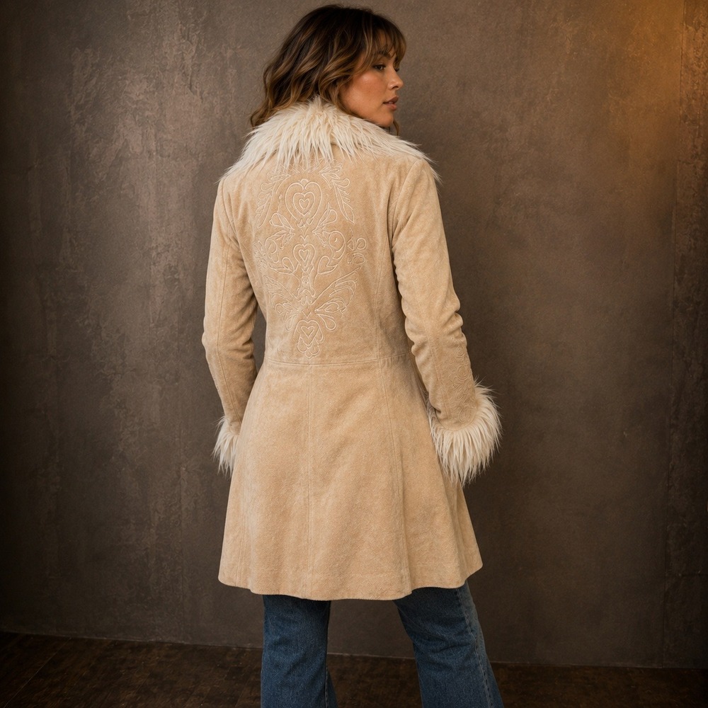 Y2K MIXIT Leather Penny Lane Coat Petite S Faux Fur Embroidered Boho Western